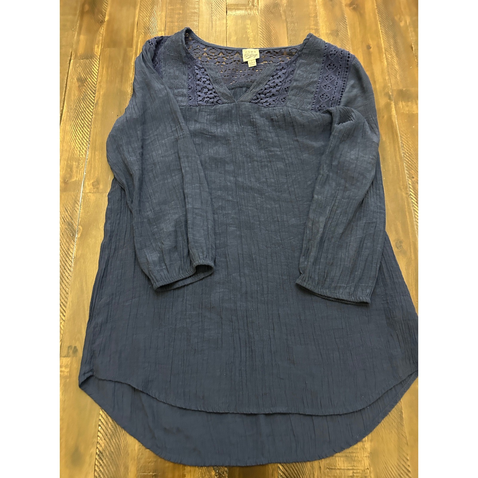 Como Vintage Tunic Top Large Navy Blue Crochet Lace Crinkle Boho Blouse