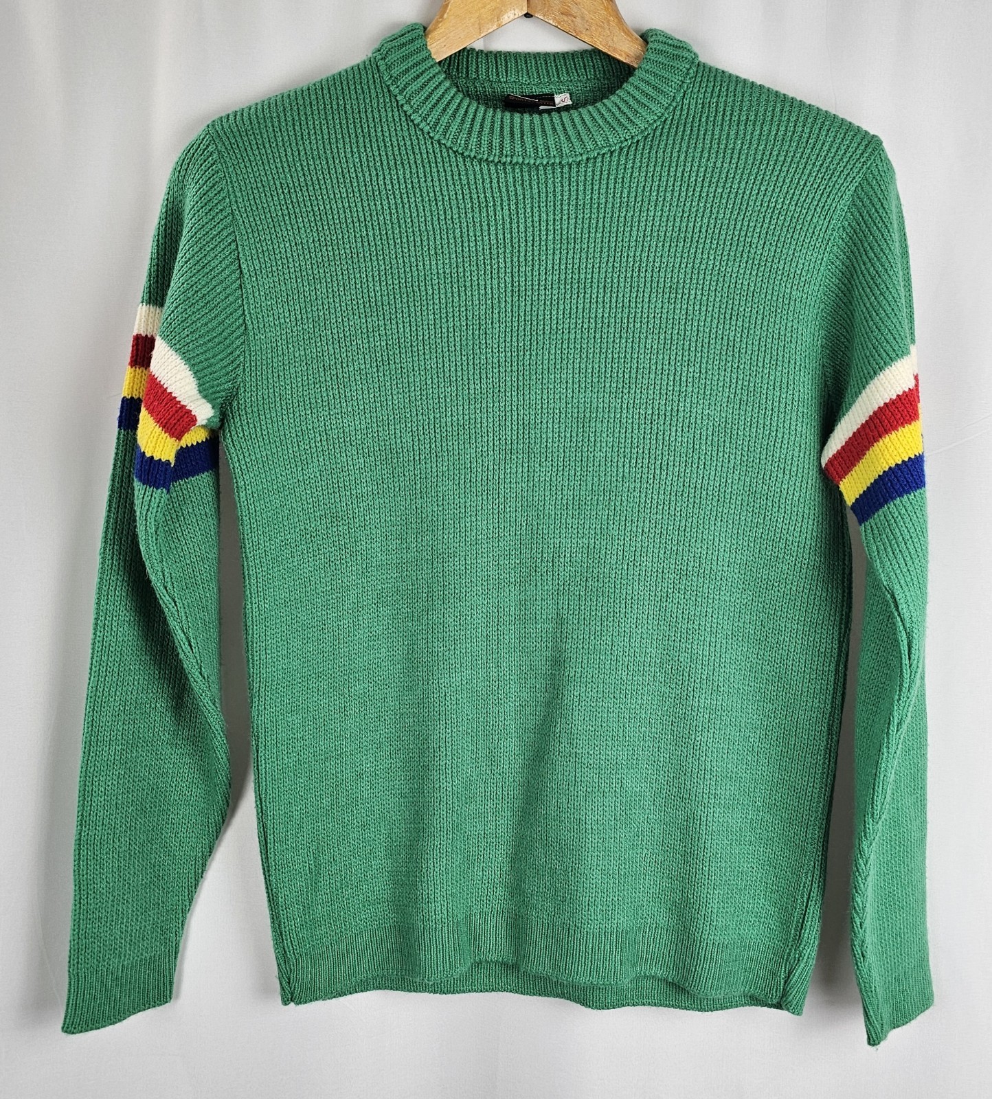 Vintage 70s Womens Sears Sweater Size S Rainbow Stripe Kelly Green Atomic Retro