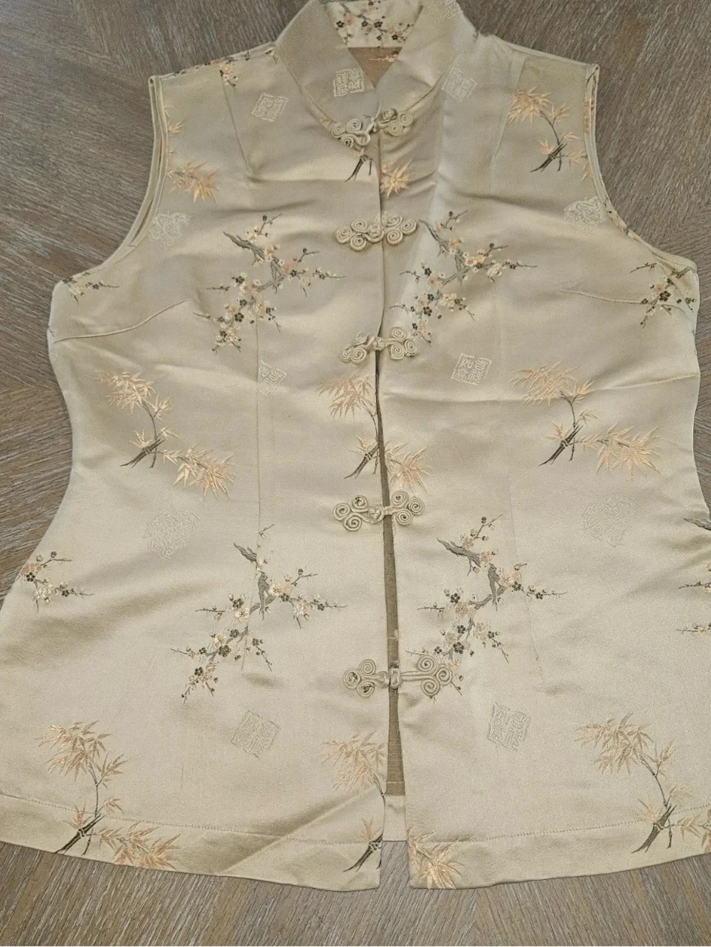 Vintage Chinese Silk Blend Mandarin Collar Frog Closure Embroidered Vest Top L
