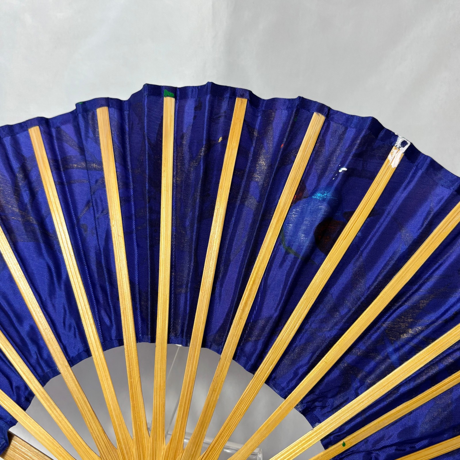 Blue Synthetic Folding Fan Hand Painted Gold Leaves & Bird Bamboo Thailand