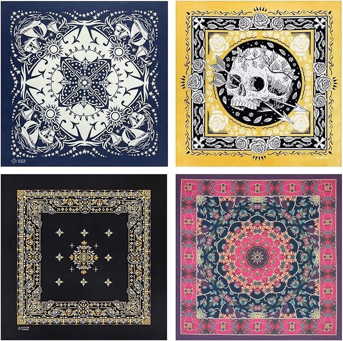 4-Pack 100% Cotton Bandana Set, Vintage Graphic Print, 22×22 inches – Assorted 4