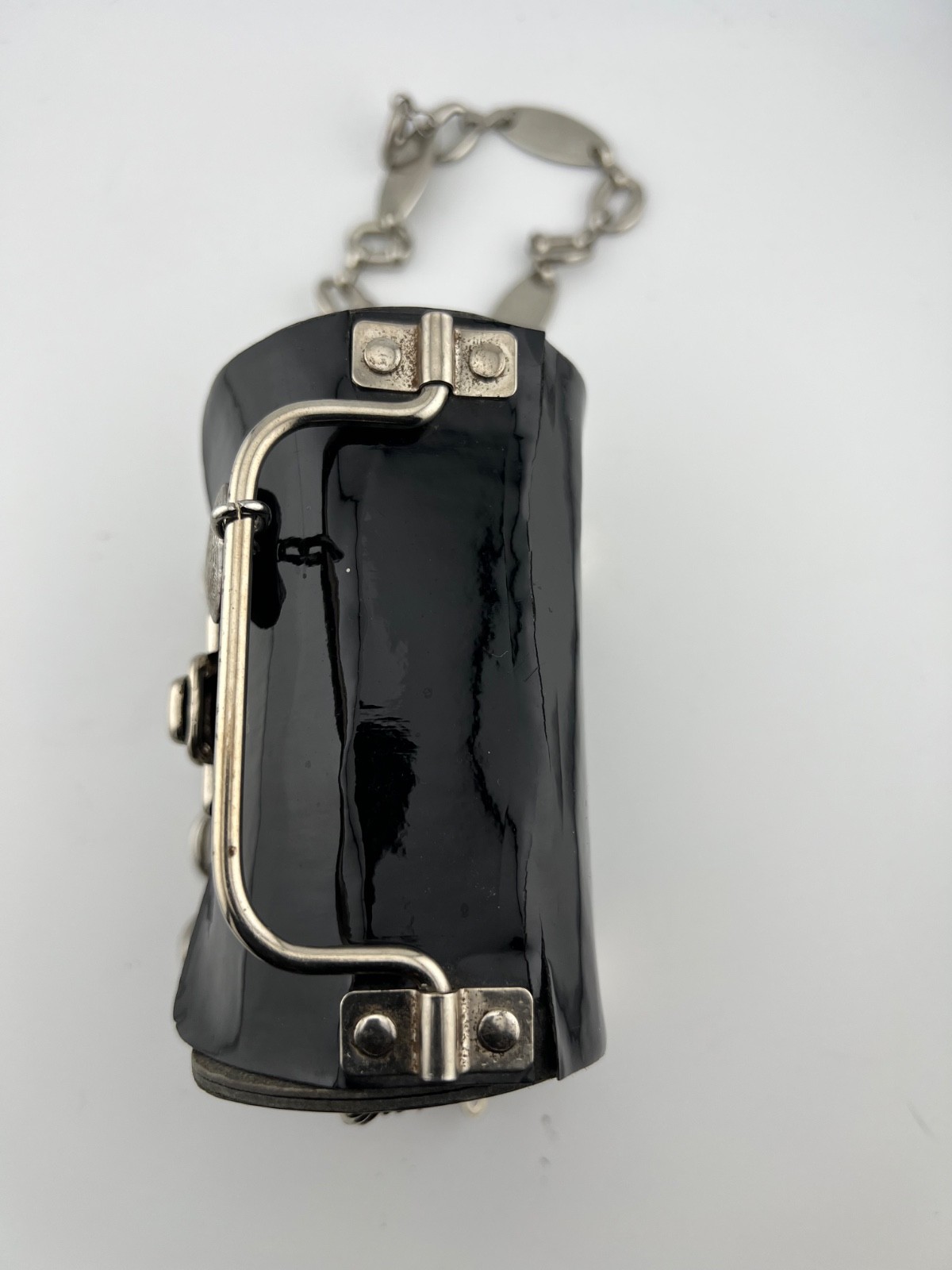 Vtg Hardcase Trunk Bag Black Patent Silver Heavy Chain Locket Heart Purse USA