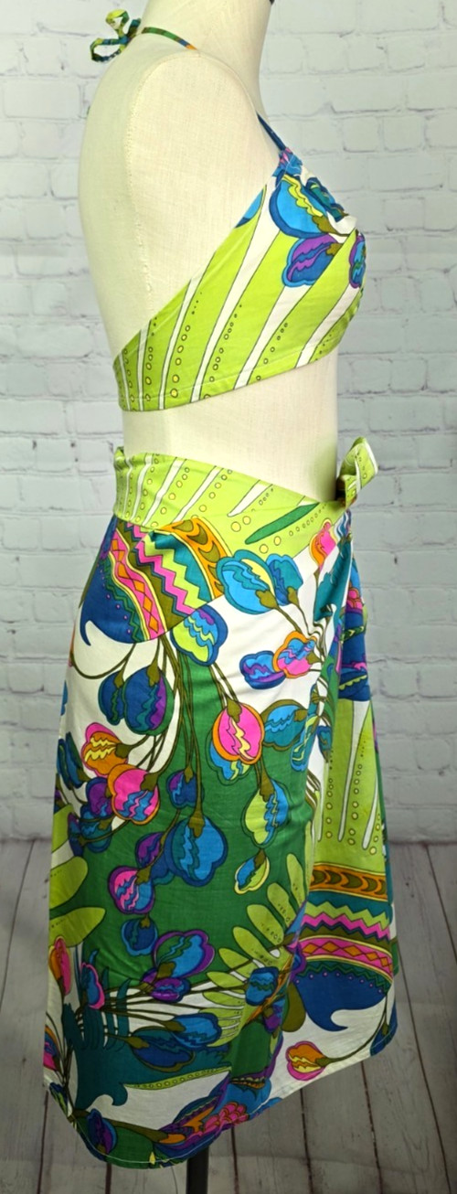 Vintage 70’s Bikini Top And Sarong Handmade Tropical Neon Festival Beachy Hippie