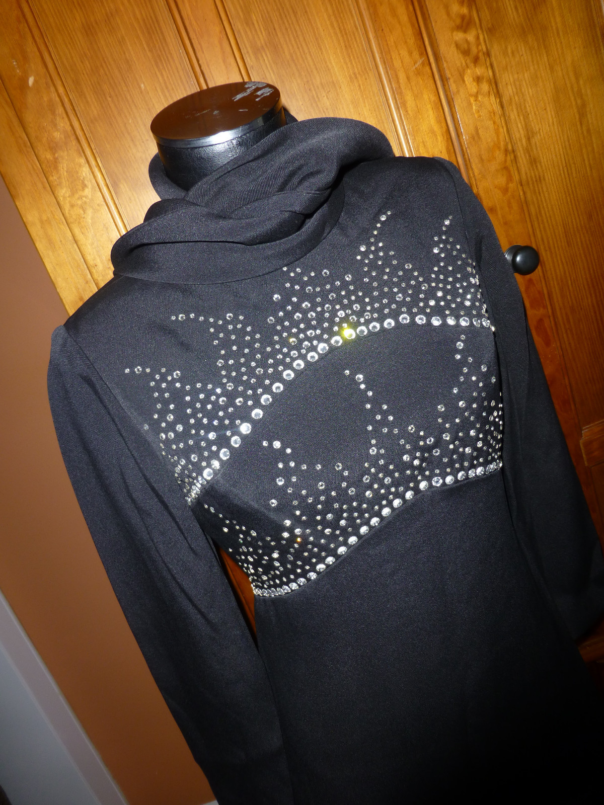 Vtg 1960s PAT SANDLER Rhinestones jersey Knit Evening cocktail Black DRESS Shawl