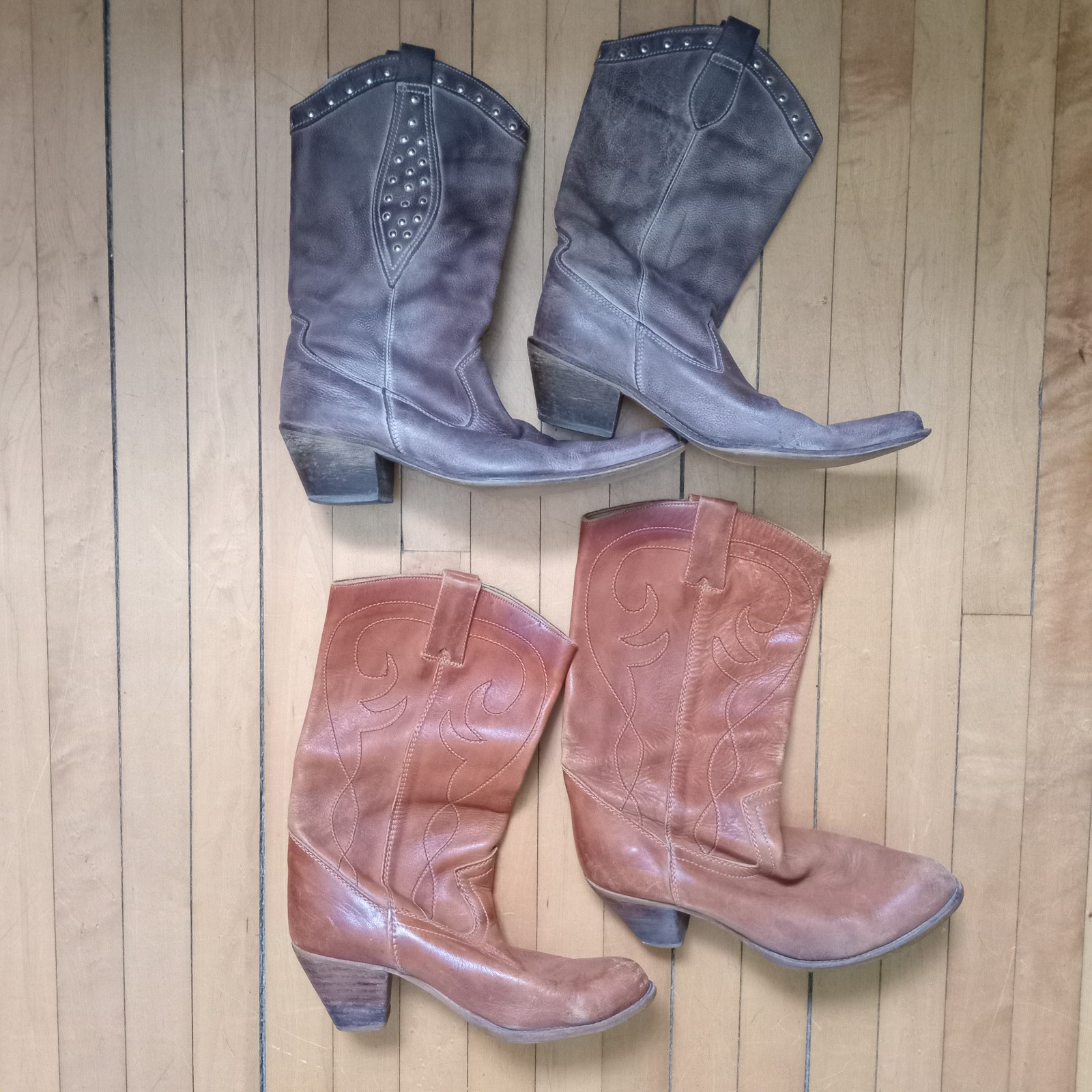 Vtg Lot Leather Cowboy Boots 70s Tan Romania & 90s Taupe Studded Boho 8.5-9