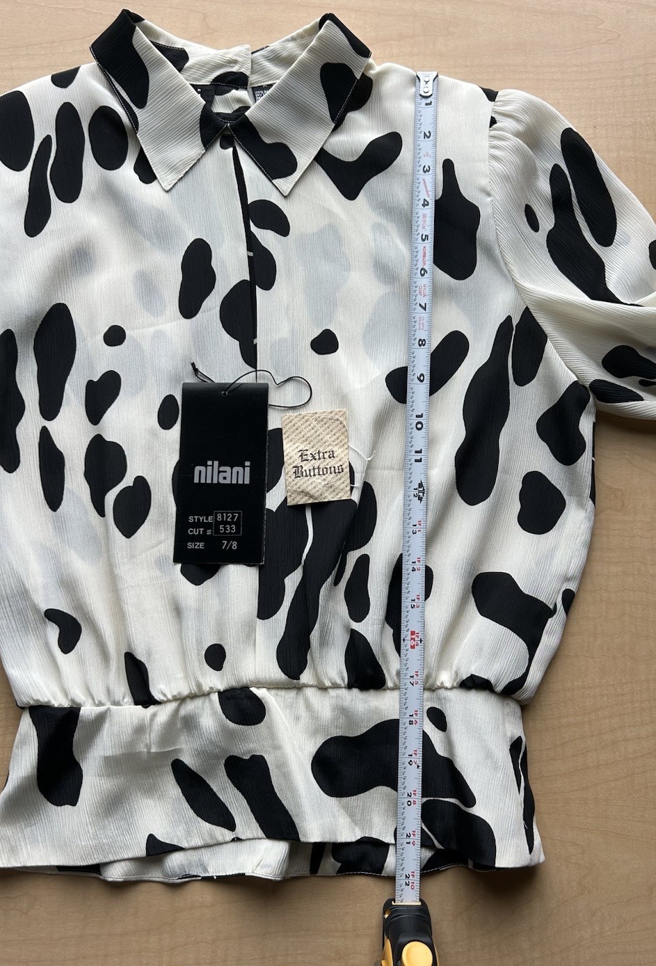 VTG Nilani Cow Print Blouse – 80s/90s Cinched Waist Long Sleeve Shirt Size 7/8