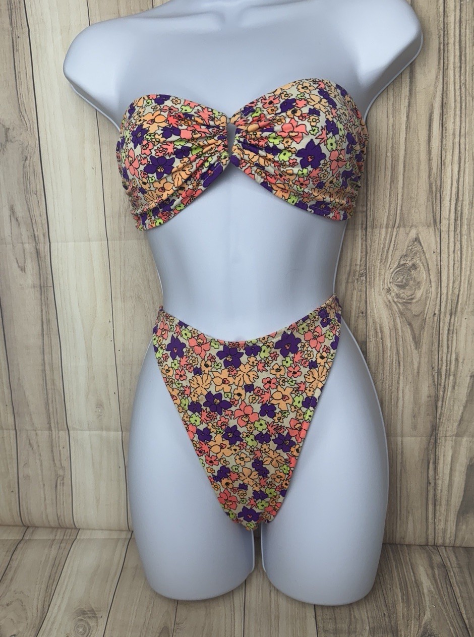VTG Raisins Floral Bikini Large 9-11 Made In USA 90s Bandeau High Cut Strapless