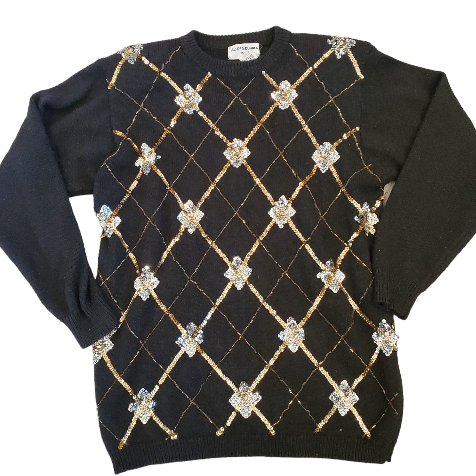 Vintage 90s Black Sequins Argyle Preppy Sweater Dark Academia Metallic | Sz M