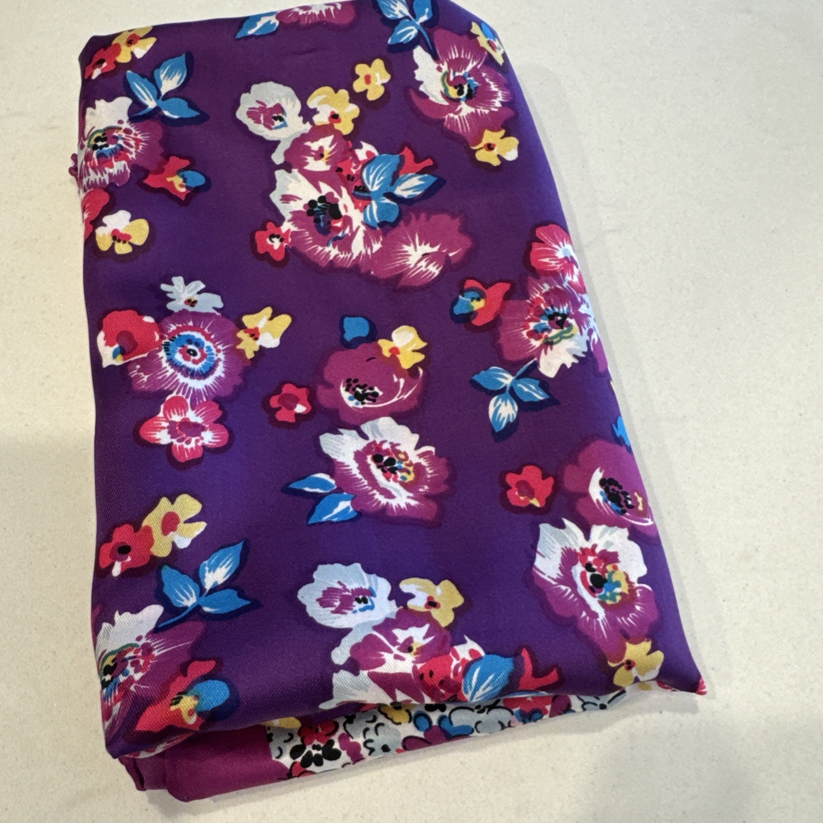 VTG Purple Floral Scarf 31×31″ Hand Rolled Edge Synthetic 1980s Purse Bag Wrap