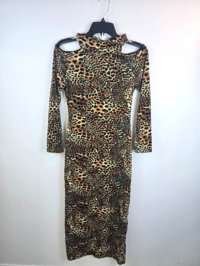 Vintage Leopard Bodycon Midi Dress M Cutout Open Back Clubwear USA