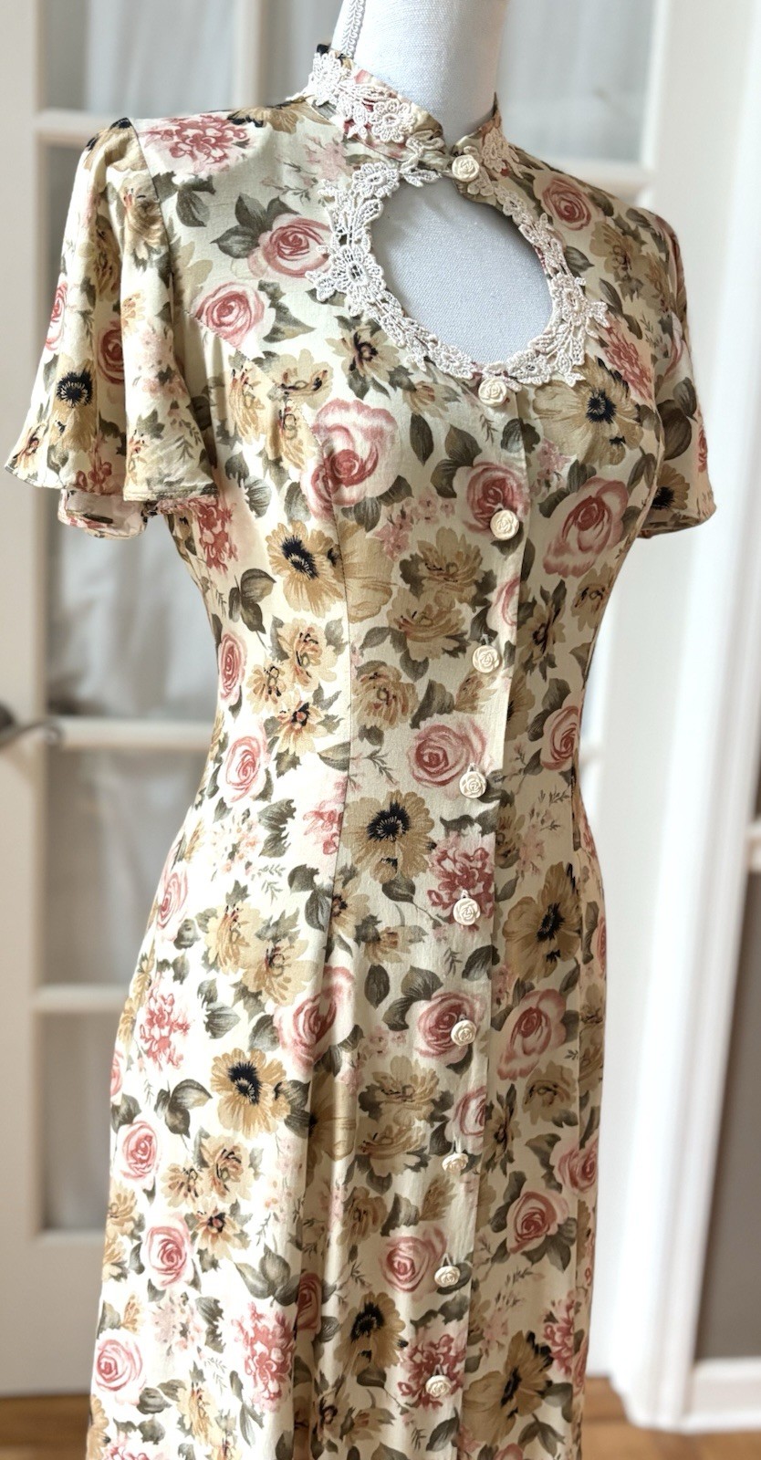 Vintage Joni Blair Floral Rayon Midi Dress Cottagecore Lace Keyhole Size 3