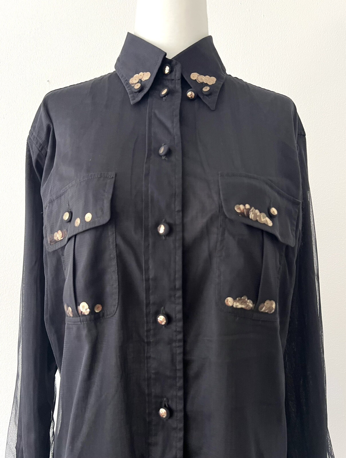 VINTAGE 90’s Moschino Cheap and Chic Free Floating Sequins under Mesh blouse