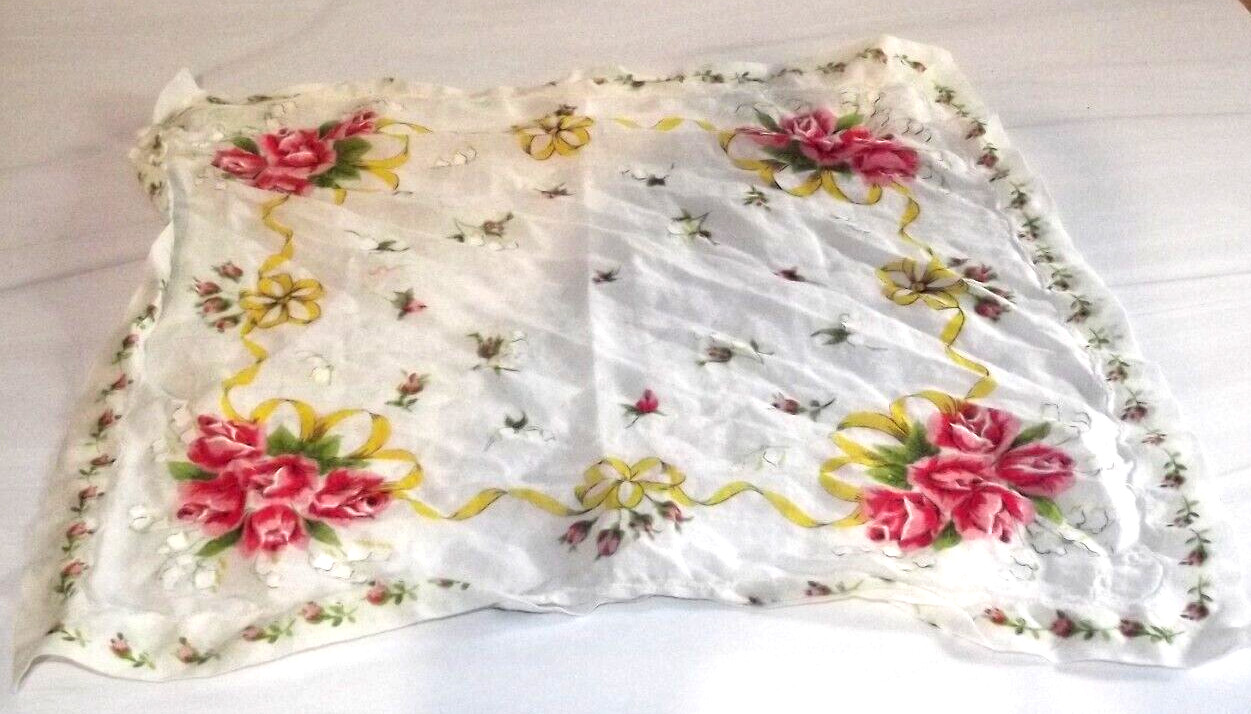 vintage pink & white floral Handkerchief hanky rose bud lily of the valley