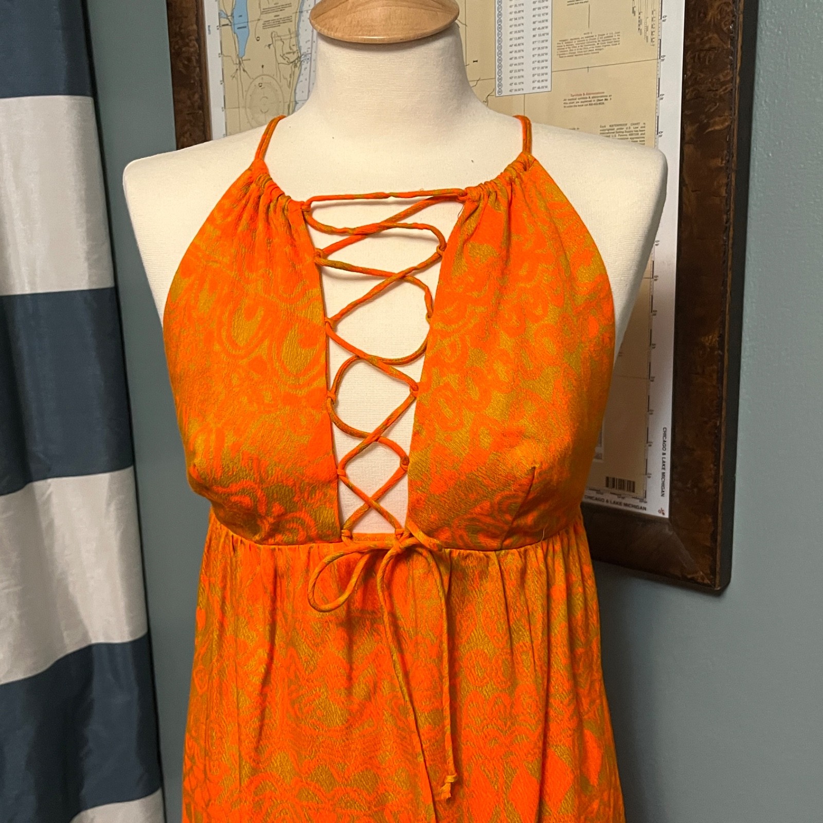 Vintage Dress Fumi Waikiki Maxi Midi Barkcloth Hawaiian 4 6 Long Lace-up Orange