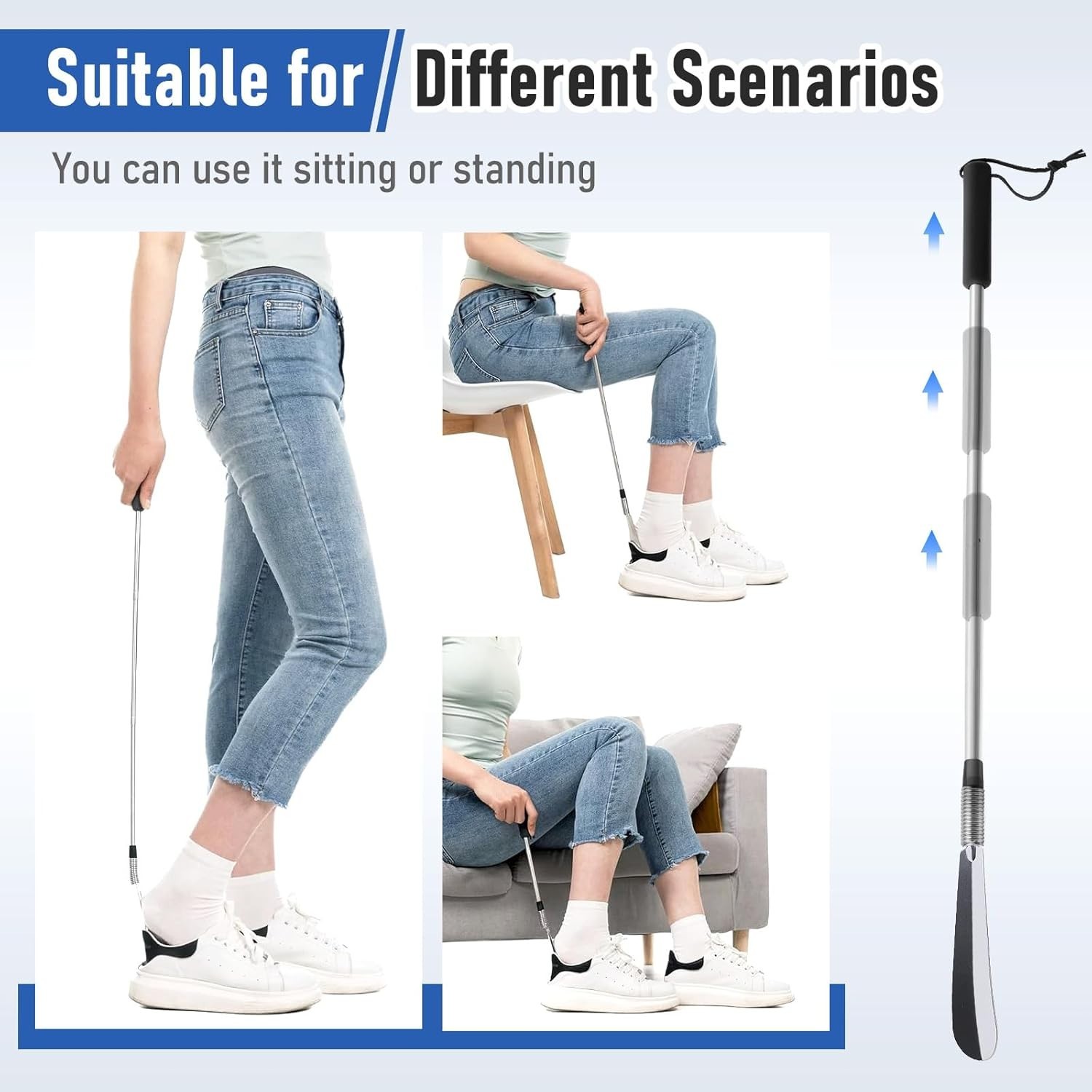 Extendable Shoe Horn Long Handle for Seniors, Twist to Lock, 16″ to 31″Ad