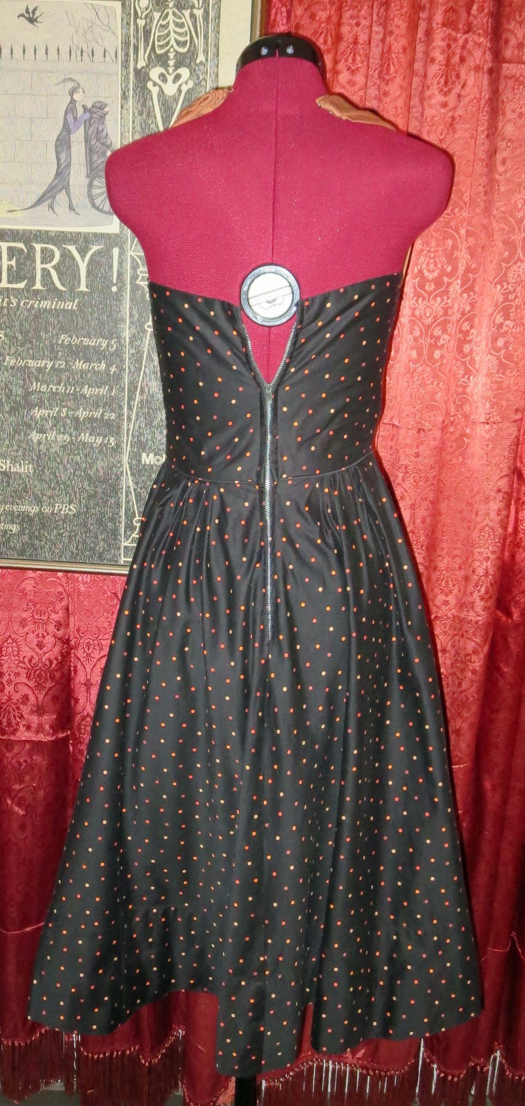 1950s Black and Orange Polka Dot Halter Party Dress with Bolero Marjae Miami XXS