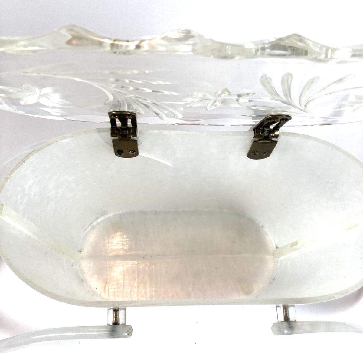 1950s White Marbled Lucite Double Handled Purse with Clear Carved Lid