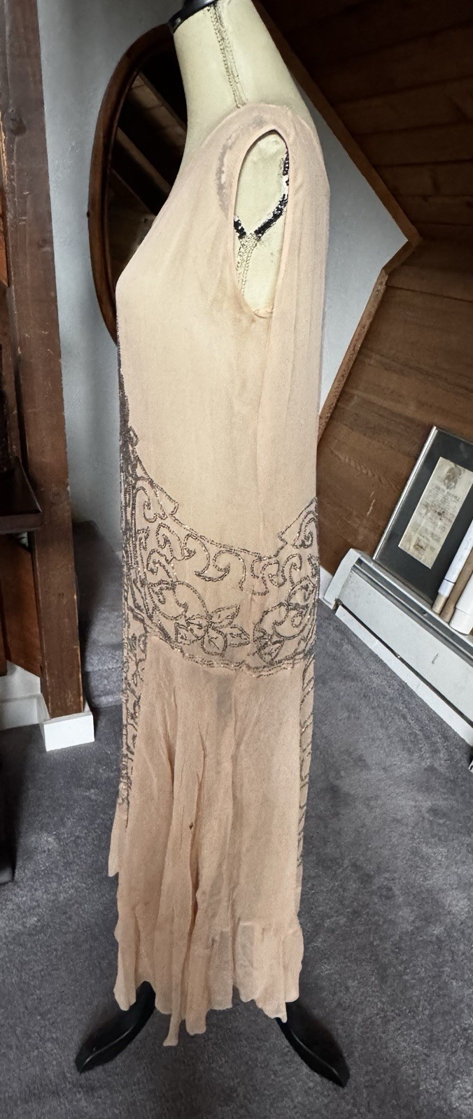 Authentic 1920s Beaded Silk Chiffon Dress – Art Deco With Double Sided Beading