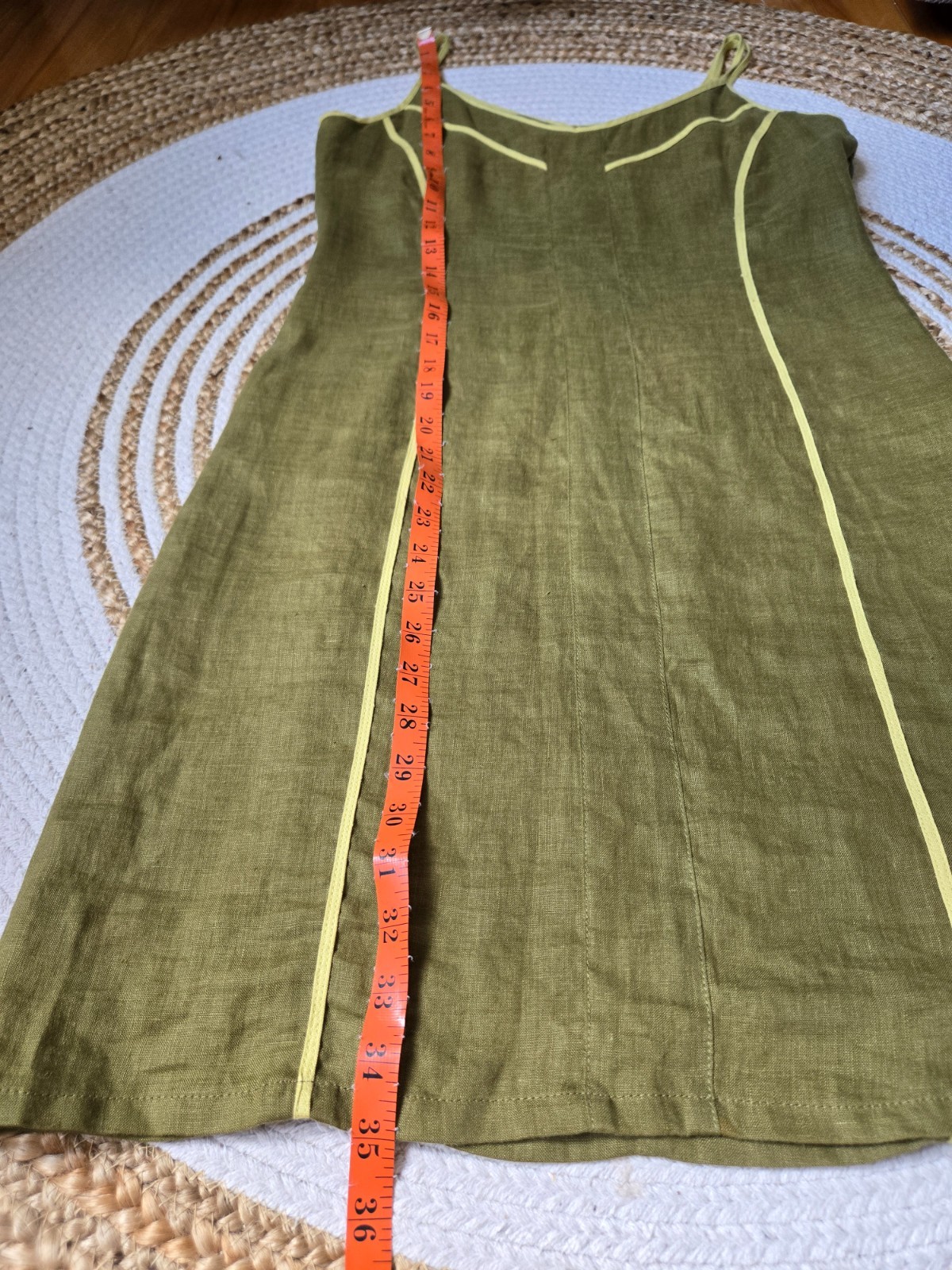 Vintage 90s Linen Blend Olive Green Mini Dress Minimalist Panel Contrast Trim