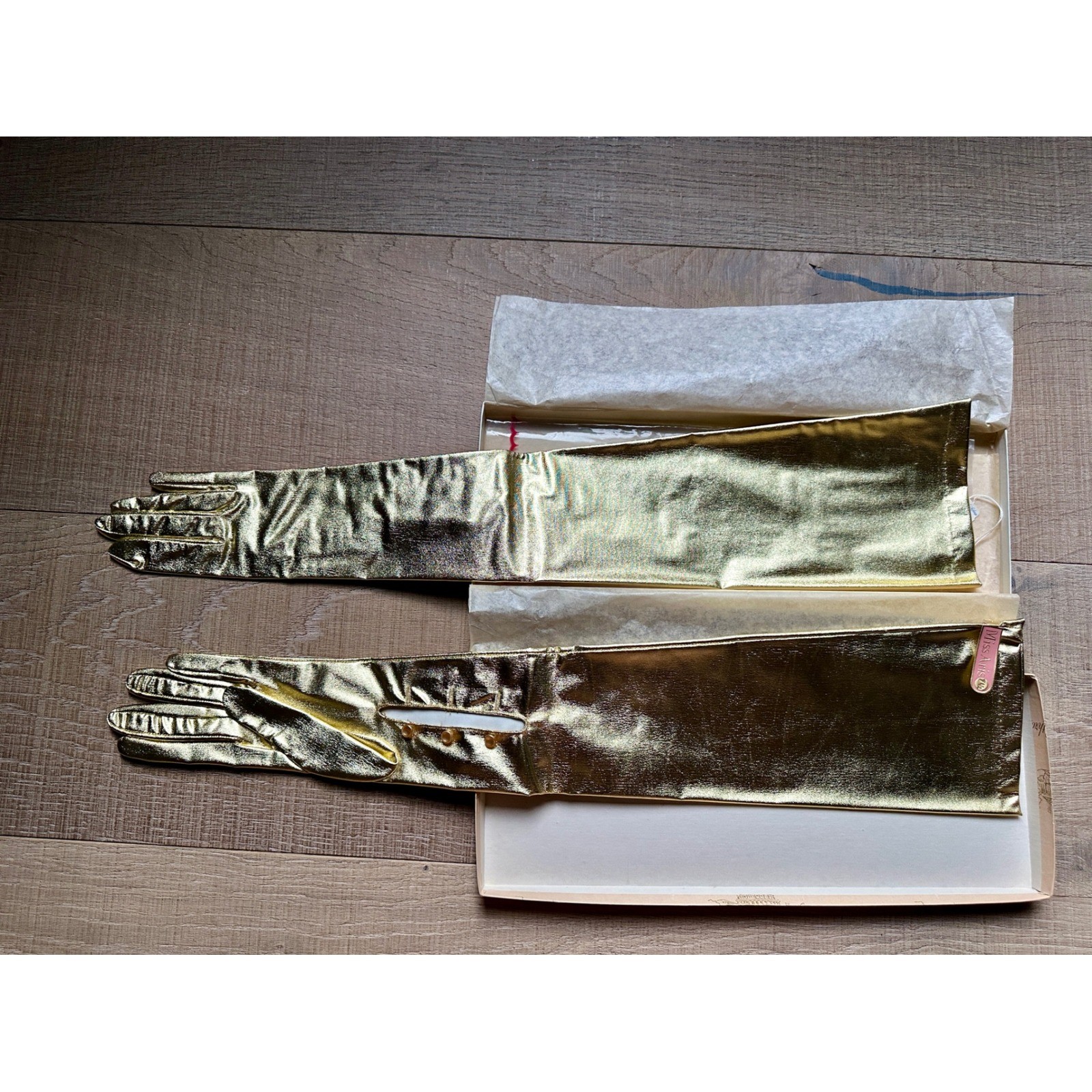 Vintage 1950s Miss Aris Gold Metallic Opera Gloves Deadstock Burlesque 20 Inch