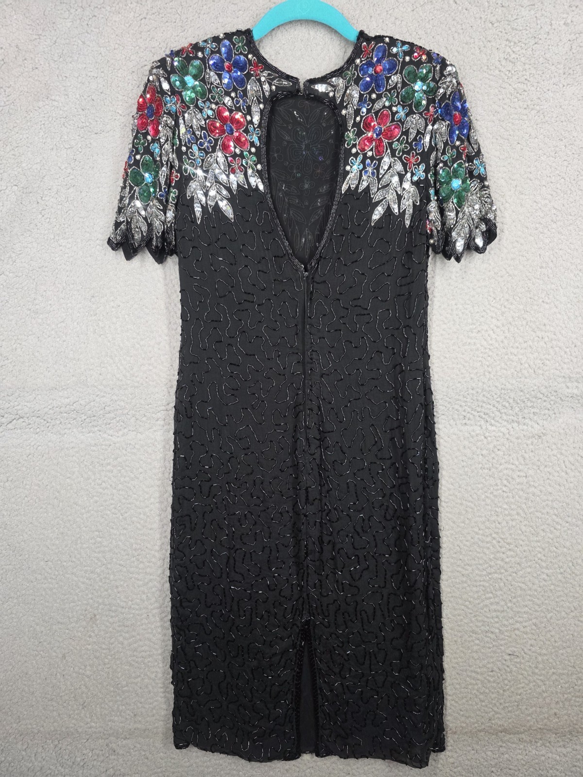 Vintage Black Silk Beaded Cocktail Gown Small With Sequins Sheath Short Sleeve