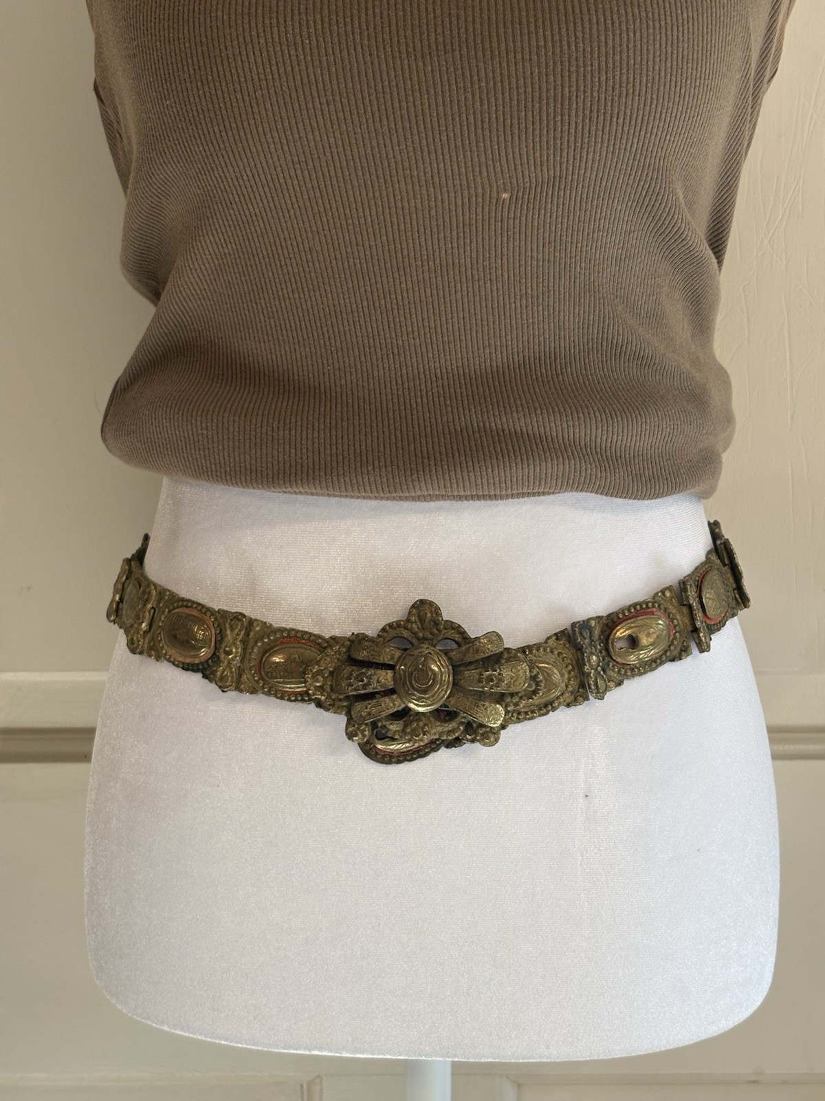 19th C Ottoman Empire Heavy Brass Belt Red Enamel Turkish Balkan Folk Art 35in