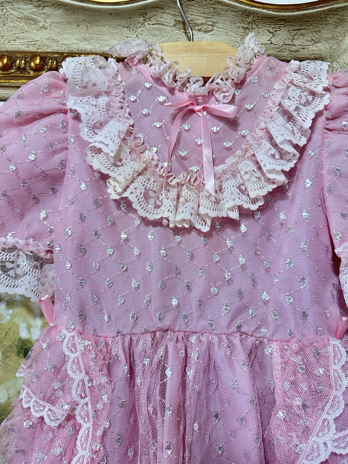 Vintage Frilly Pink Lace Ruffle Party Dress Girls Size 8 Sparkle Sheer Overlay