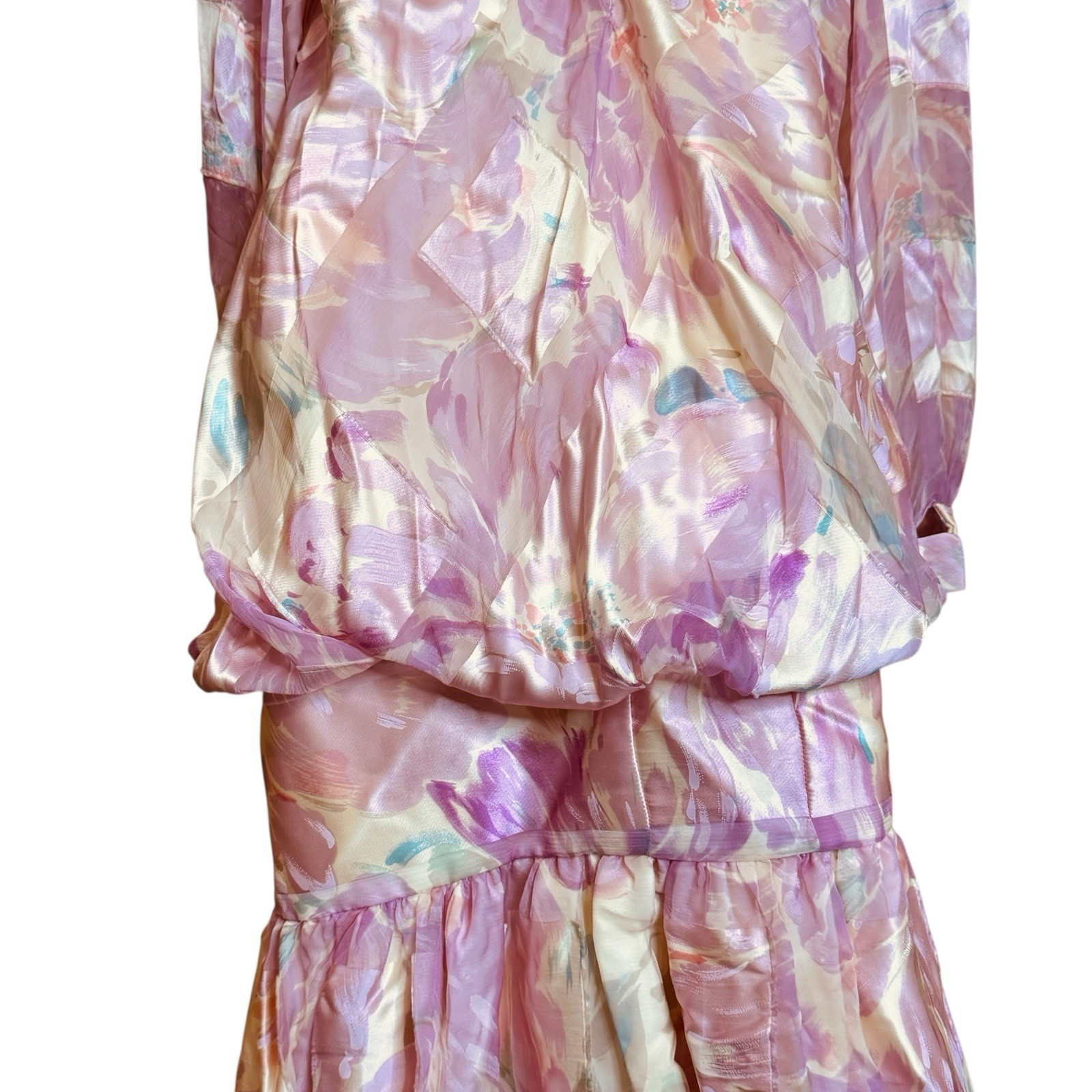 Vintage 80s Pastel Drop Waist 20s Pink Floral Blouson Dress Silky L/XL 40X38X46