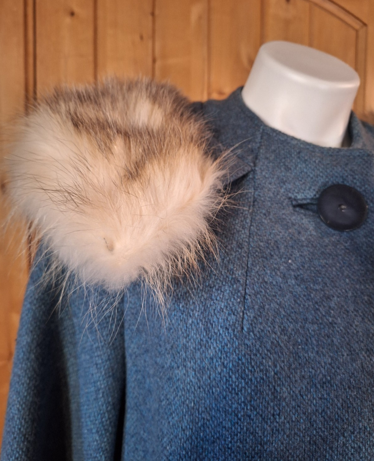 1960s Blue Wool Coat Jacket with Fox Fur Collar Pin Up Rockabilly