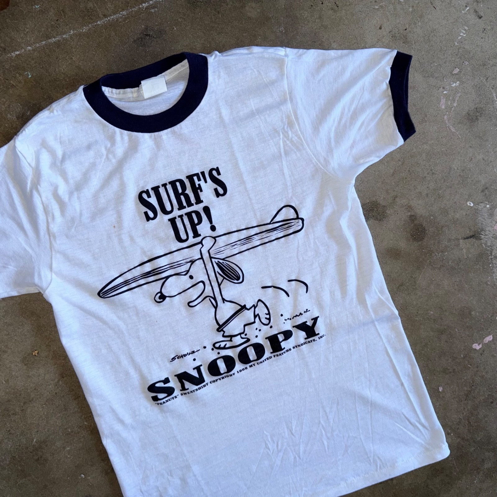70s DEADSTOCK VINTAGE SNOOPY THE DOG SURF’S UP RINGER T-SHIRT SZ S PEANUTS 80s