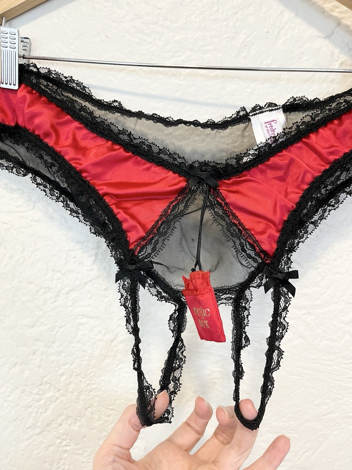 Vintage 90’s Fredericks of Hollywood Panties Crotchless Black Red Satin Sheer OS