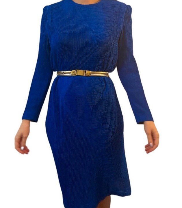 1980’s Leslie Fay Blue Long Sleeved Dress, So Glam! Made in the USA, Size 14/M/L