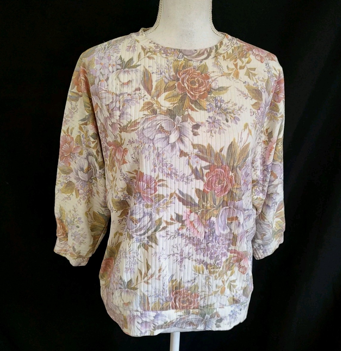 80’s Vintage Shirt Rib Knit Top Westbourne Floral Romantic Slouchy 3/4 Sleeve L