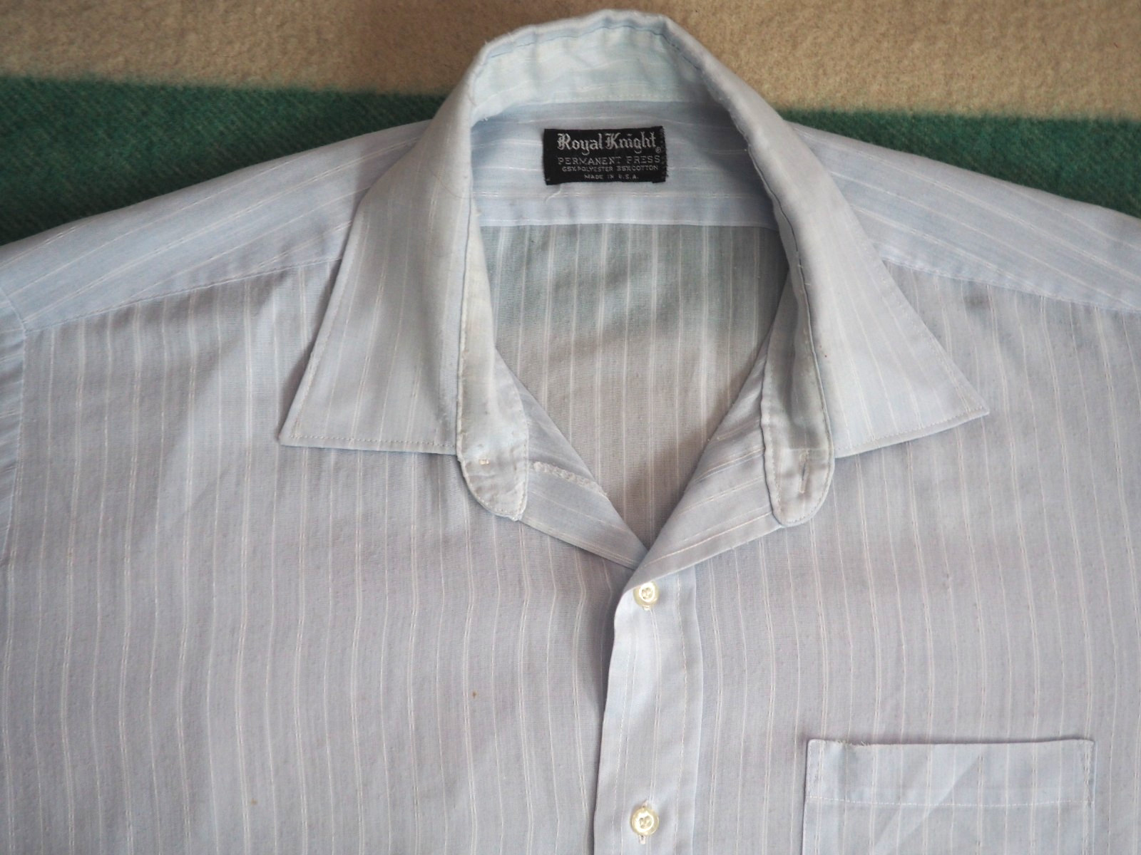 VTG 70s Royal Knight Perm Press Sheer Polycotton Blue Pinstripe Button Shirt XL