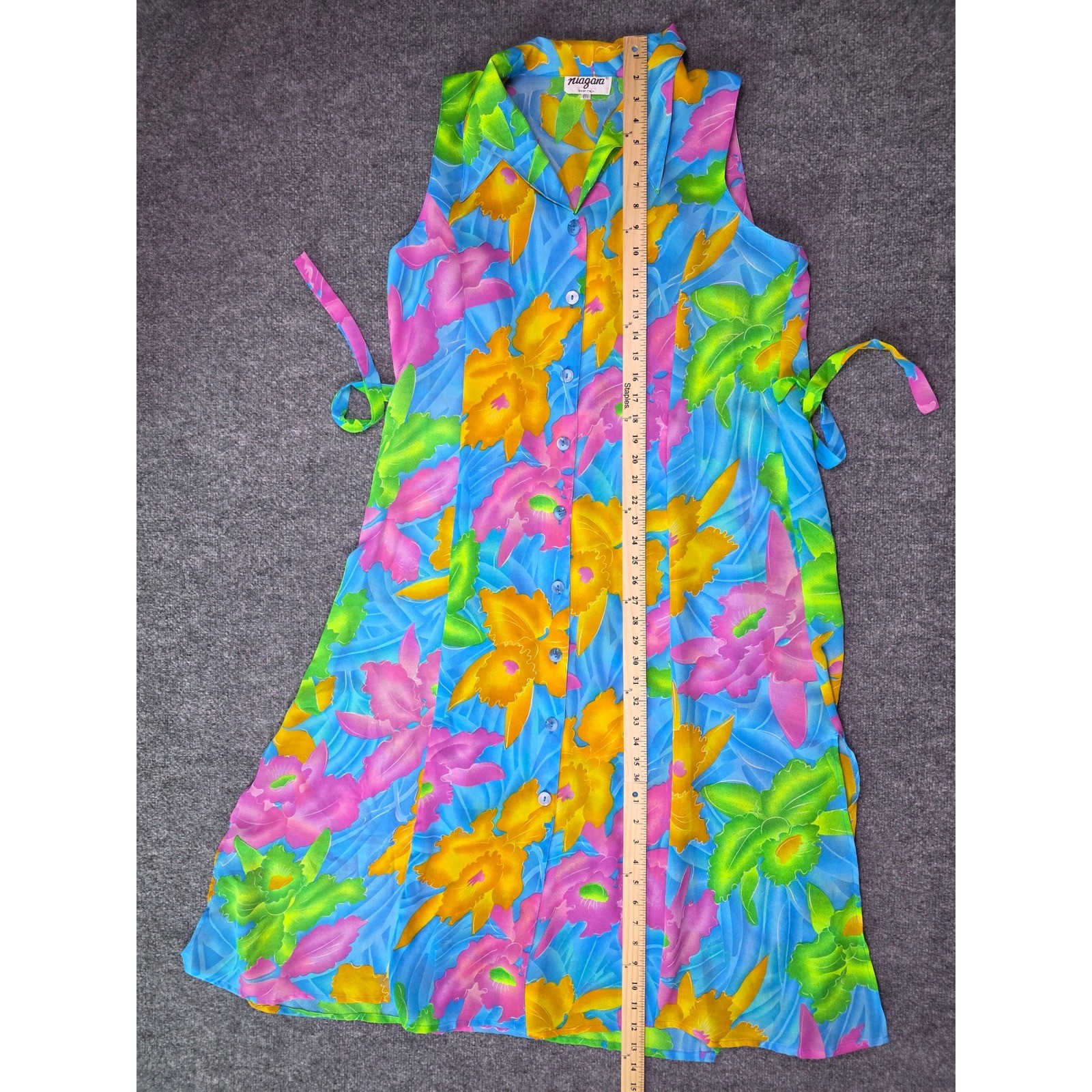 Vintage Niagara Floral Maxi Dress Womens XXXL Blue Yellow Tropical Sleeveless