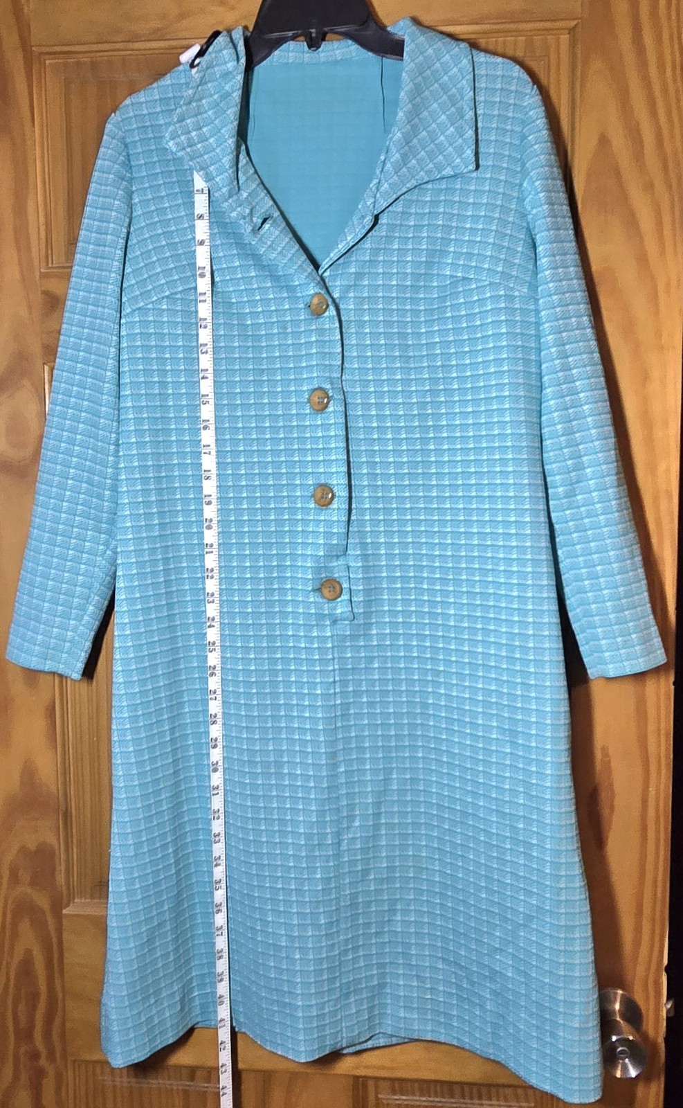 Vintage 1960s Turquoise House Dress Womens L Ck Plaid Button Front Shift Dress