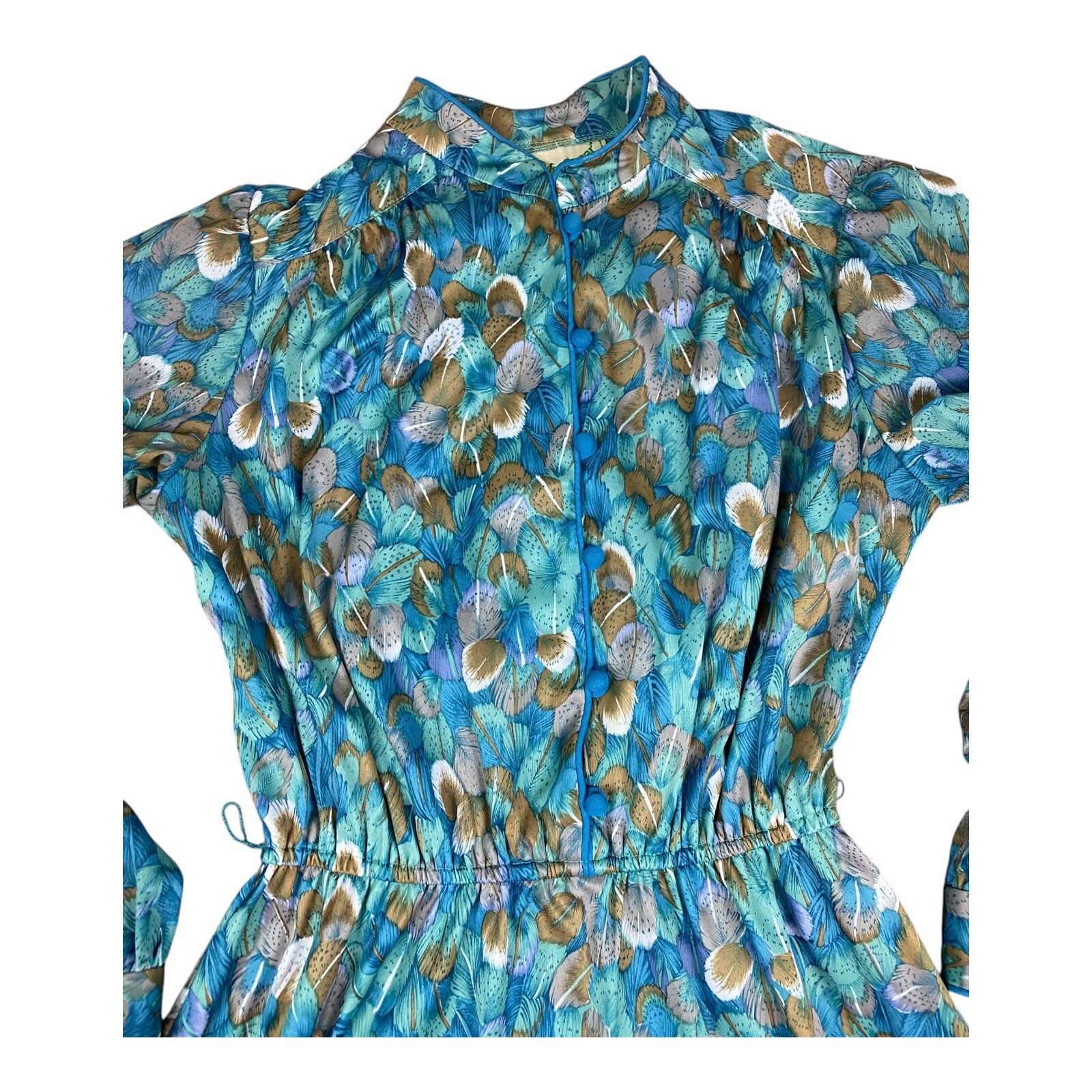 Vintage 1970s Long Sleeve Feathers Dress High Neck Cinched Waist Full Skirt Boho