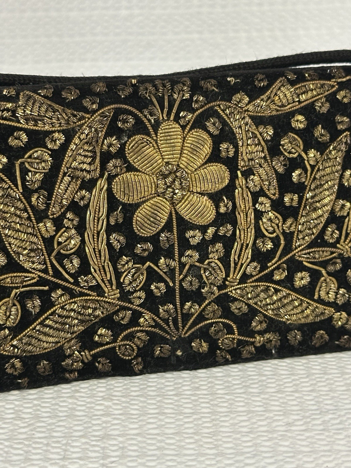 Vintage 1970s Zardozi Gold Thread Black Velvet Clutch Floral EUC Made In India