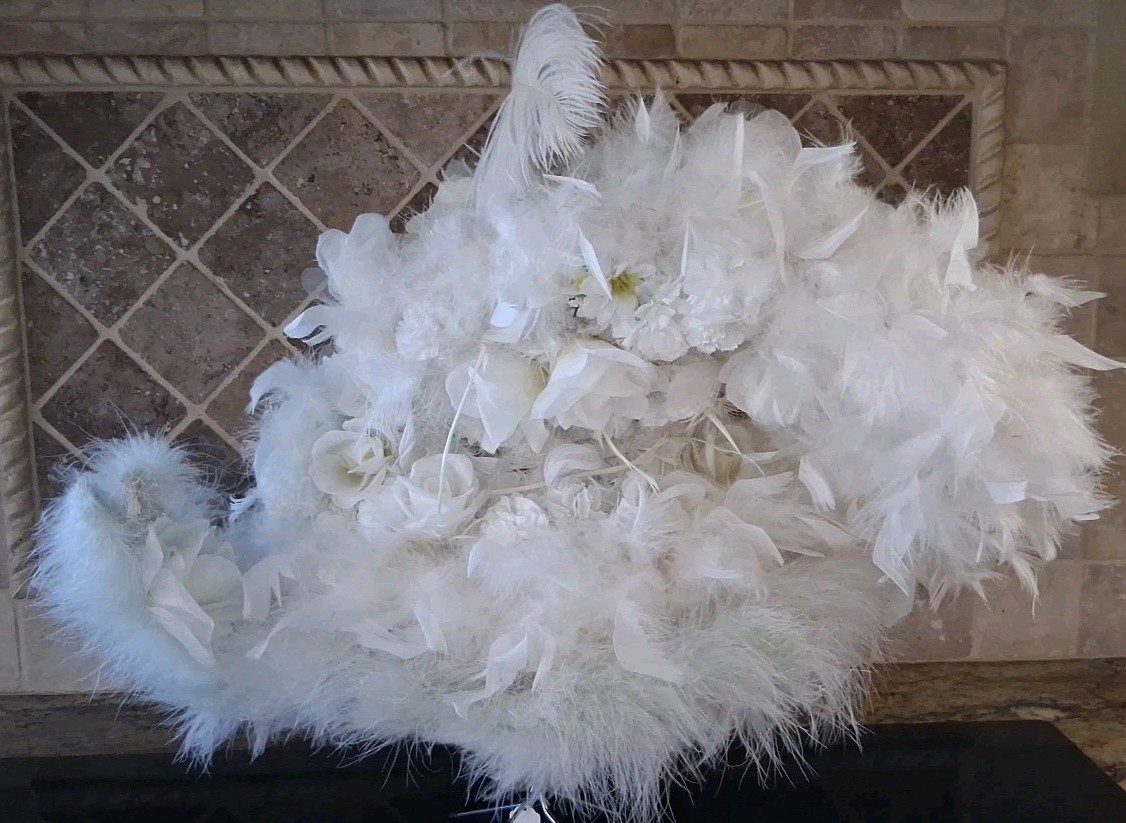 Vtg White Rose & Carnation w/ Feather Oblong Hat 23″ Long 16″ Across 14″ Tall