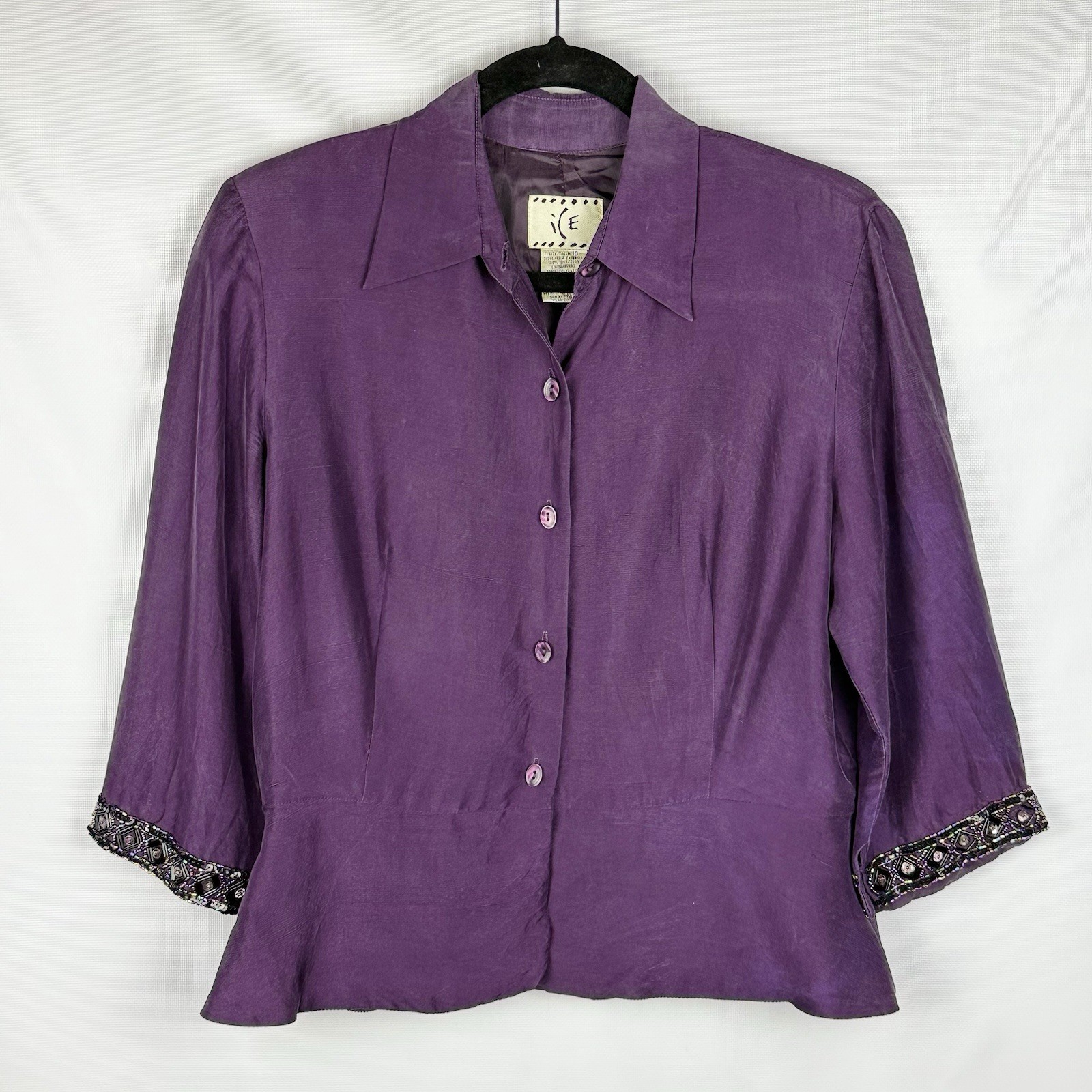 Vtg ICE Embellished Beaded Jacket Top 100% Silk Size 10 Purple Special Occasion