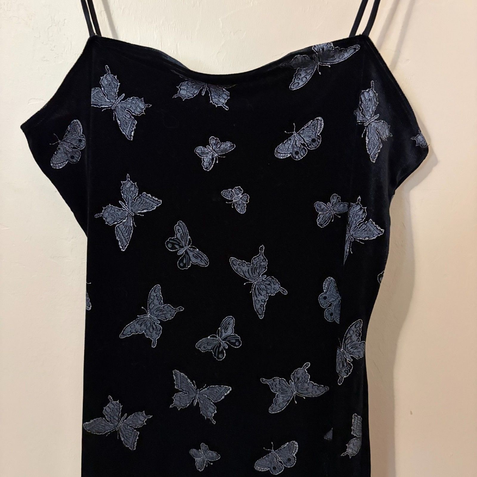 Vintage 90s Chesley Black Velvet Butterfly Maxi Slip Dress Size L