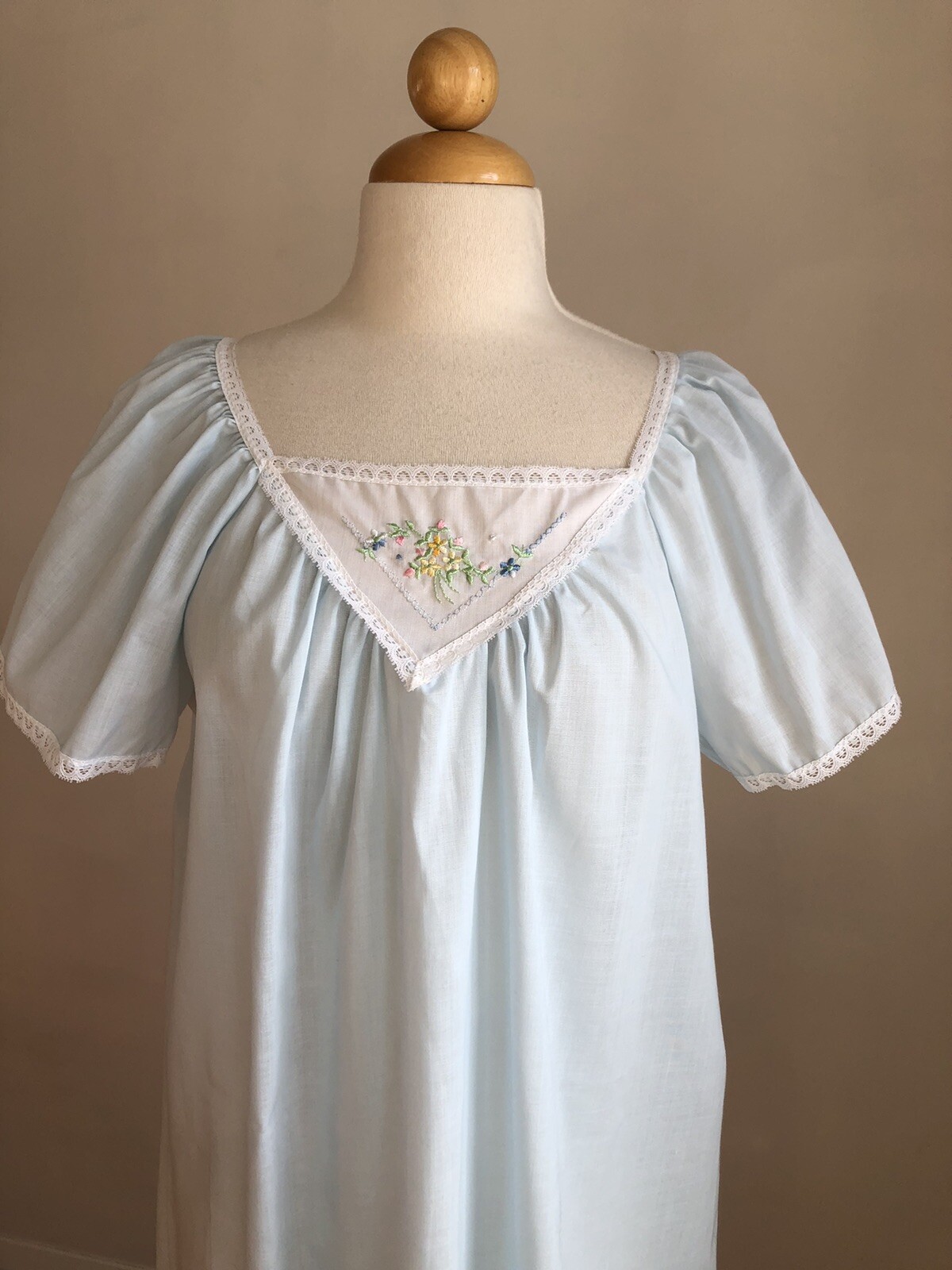 GORGEOUS VTG NWT SEARS PERMA-PREST Blue PolyCotton White Lace Nightgown SZ M/L