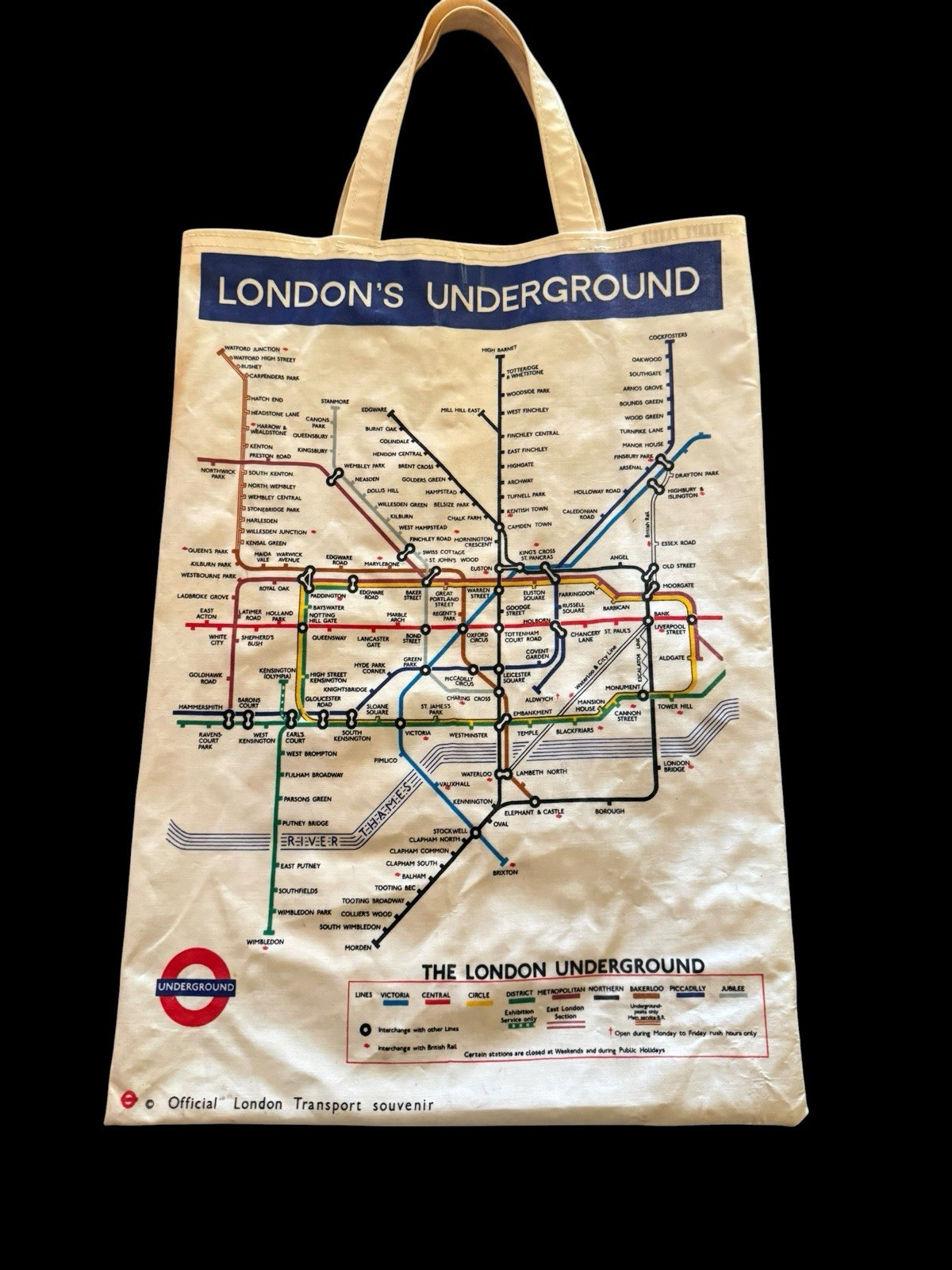 Vintage 70’s London Underground Map Tubes Rail Tote Bag 14×19 PVC Coated Cotton