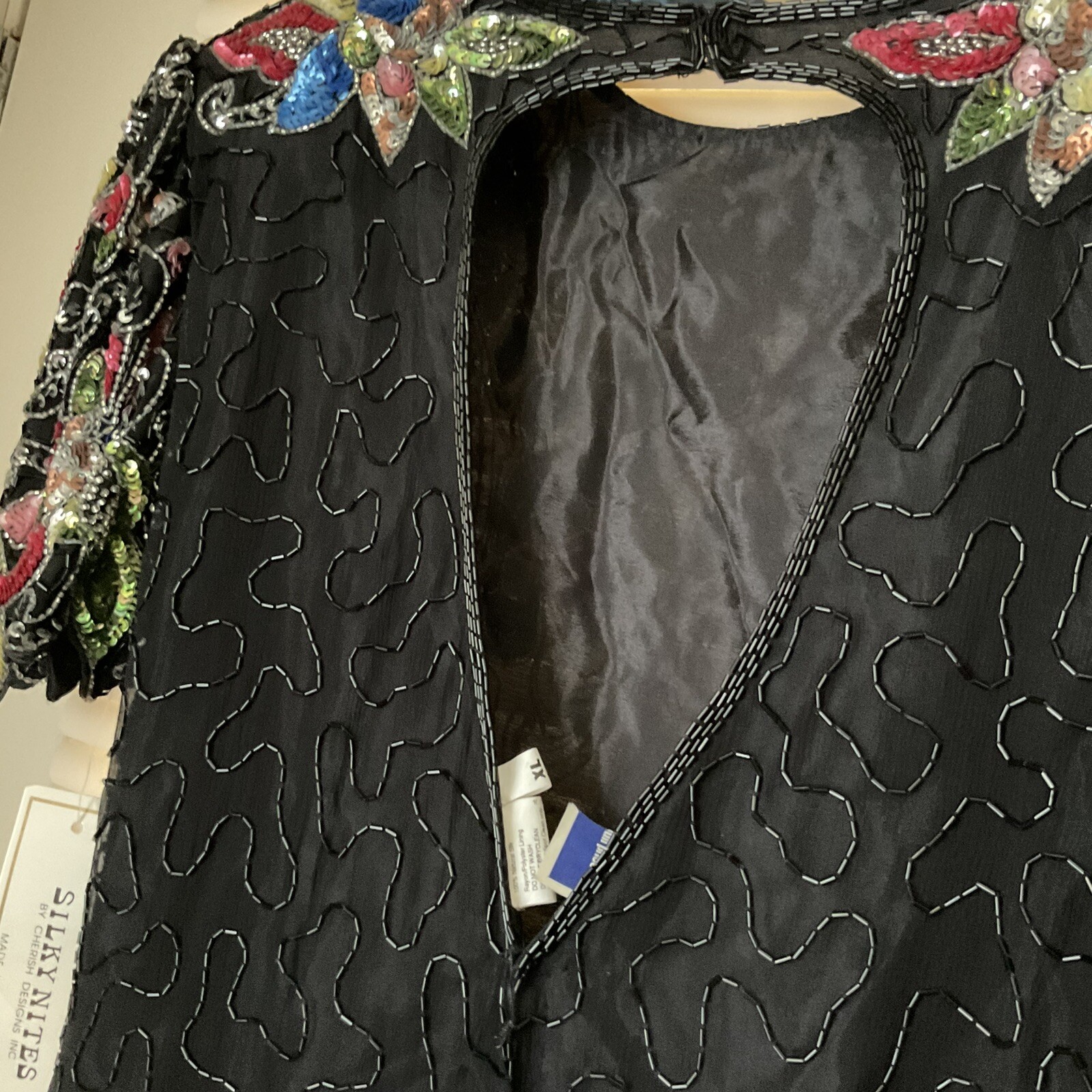 Silky Nites by Cherish Vintage 80s Black Dress Multicolour Sequined Beaded