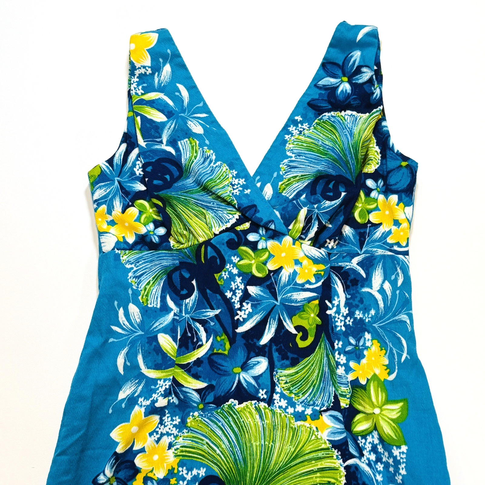 VTG Women’s Hawaiian Togs Blue Floral Barkcloth Pleated Train Maxi Dress Sz XS