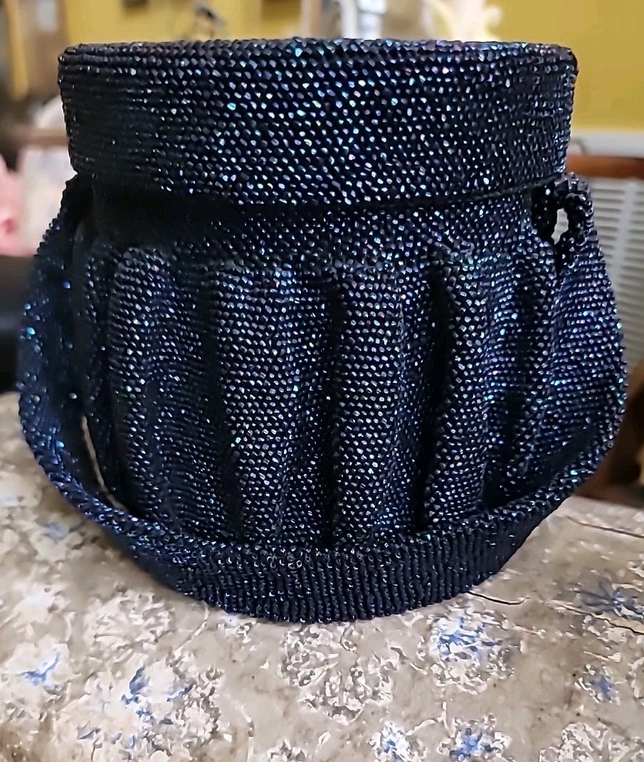 Purse Carnival Glass Beaded Cobalt Blue Black Tiny Beads Strap Handle 1920s