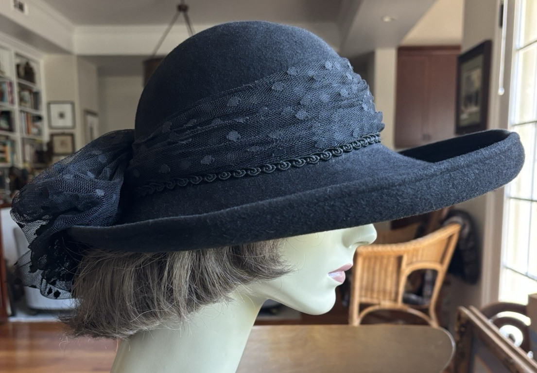 Vtg Bollman & Co. Mr. Kurt Women’s Black Wool Hat w/Lacey Bow 100% Wool USA