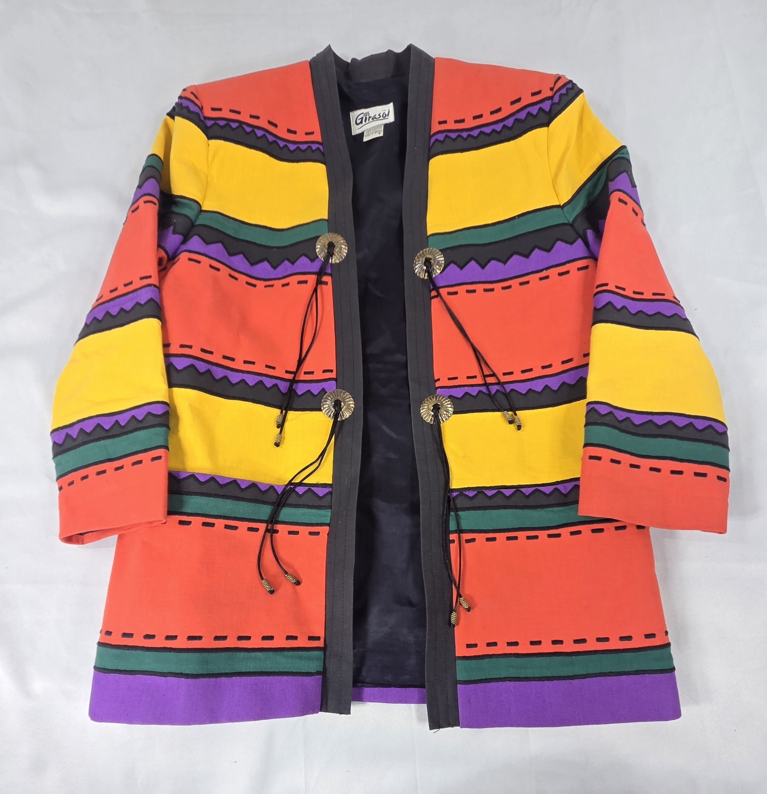 Vintage Girasol Southwestern Serape Stripe Cotton Jacket Concho Ties Made Mexico