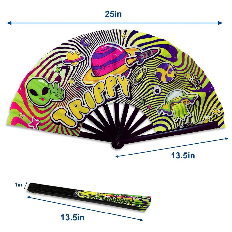 Trippy Large Handheld Fan UFO Alien Raves Music Concert Folding Hand Fan