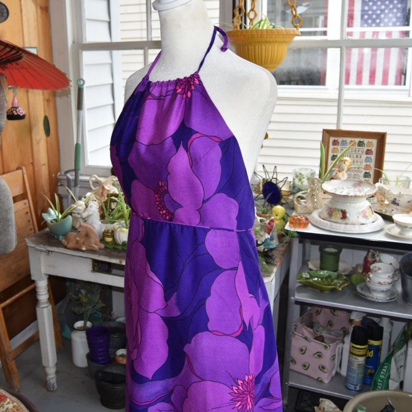 Vintage 70s Lilia of Honolulu Purple Floral Hawaiian Halter Maxi Dress S/M